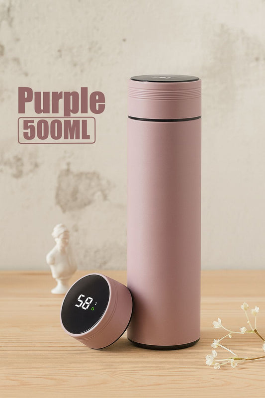 Taza termo con pantalla de temperatura de 500ML, de acero inoxidable, aislada al vacio para tus dias frios. color morado.