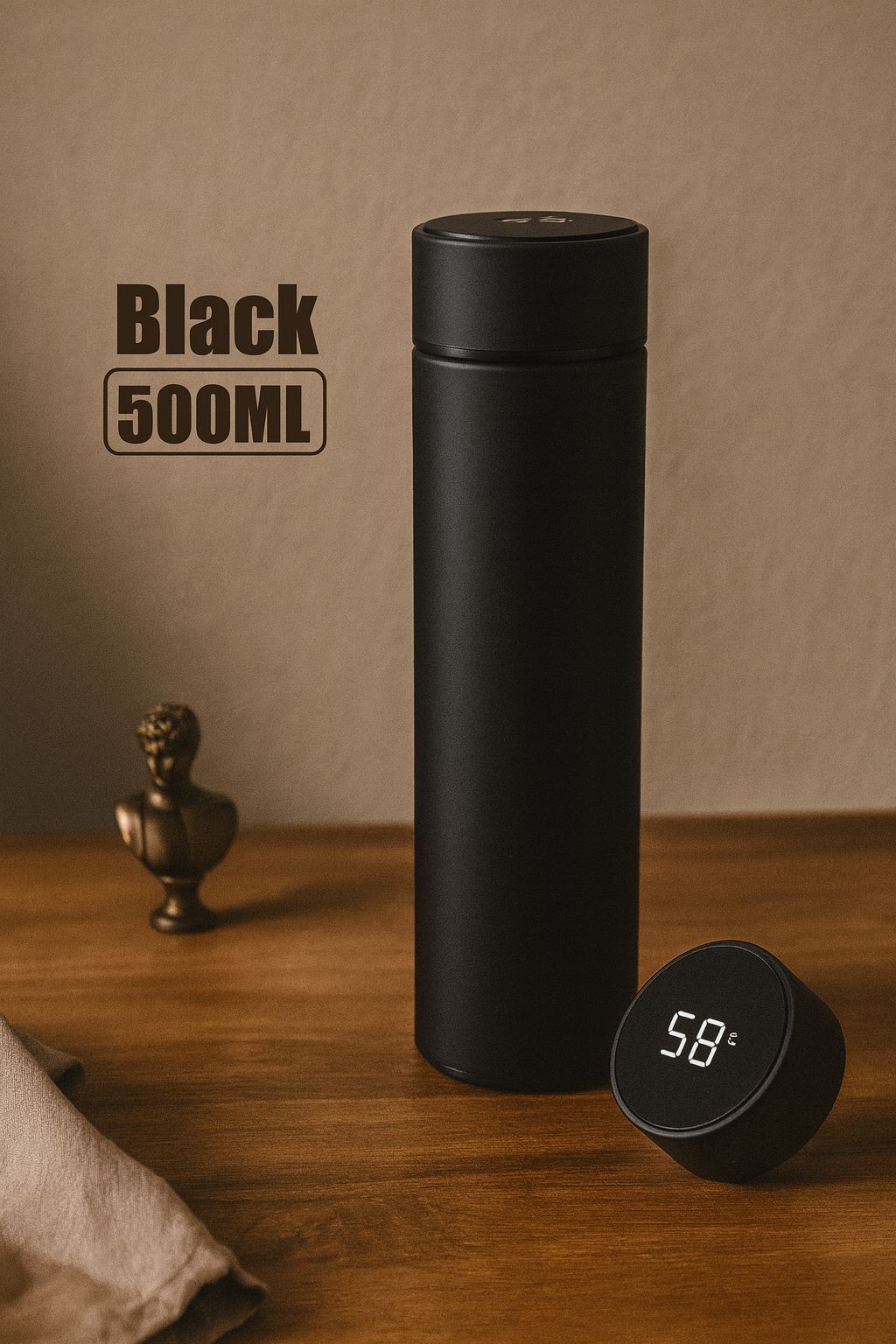 Taza termo con pantalla de temperatura de 500ML, de acero inoxidable, aislada al vacio para tus dias frios. color negro.