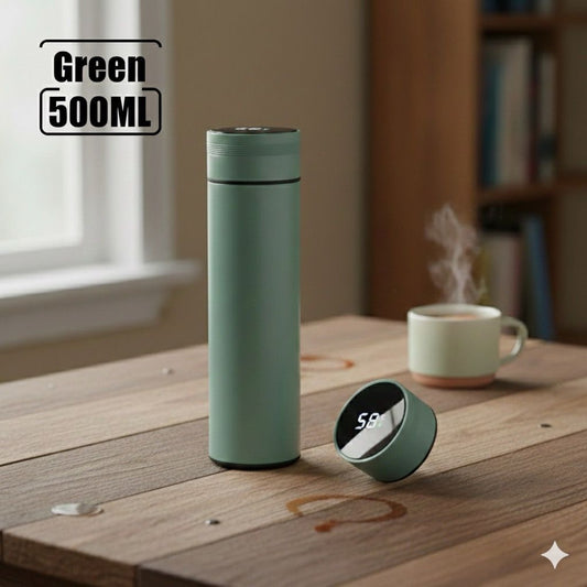 Taza termo con pantalla de temperatura de 500ML, de acero inoxidable, aislada al vacio para tus dias frios. color verde.