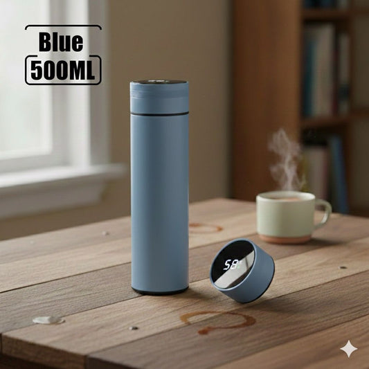 Taza termo con pantalla de temperatura de 500ML, de acero inoxidable, aislada al vacio para tus dias frios. color azul.