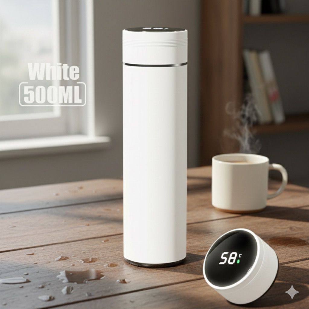 Taza termo con pantalla de temperatura de 500ML, de acero inoxidable, aislada al vacio para tus dias frios. color blanco.