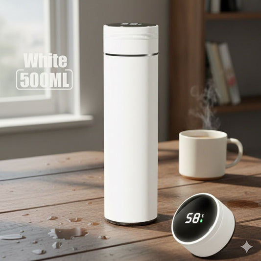 Taza termo con pantalla de temperatura de 500ML, de acero inoxidable, aislada al vacio para tus dias frios. color blanco.
